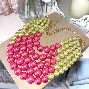 Wicked Theme Pink and Green Beaded Chunky Statement Necklace, immitation pearl